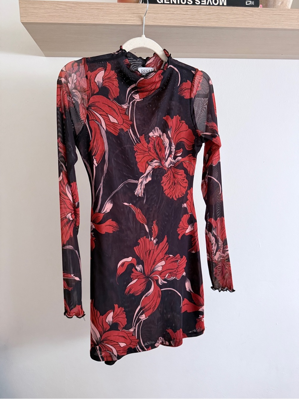 RESA Black Sheer Long-Sleeve Mini Dress with Red Floral Print